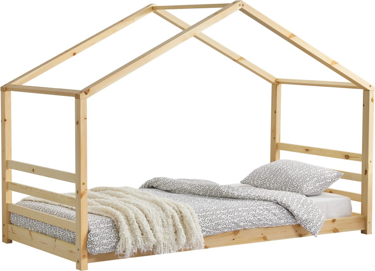 Kinderbed Dixie - Houten bed - Huisbed - Met bedbodem - 90x200cm - Hout - Voor kinderen - Voor meisjes - Voor jongens
