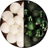 Boules de Noël 60x pièces - mélange vert foncé/blanc laine - 4-5-6 cm - plastique - décorations de Noël