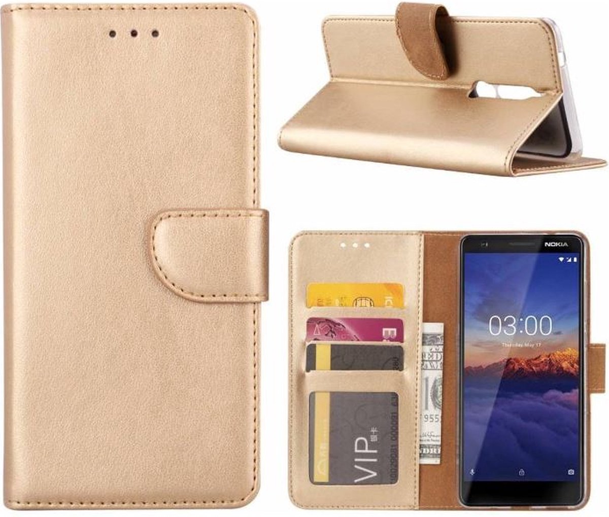 LuxeBass Hoesje geschikt voor Nokia 3.1 - Bookcase Goud - portemonnee hoesje - telefoonhoes - gsm hoes - telefoonhoesjes