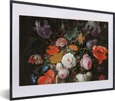 Fotolijst incl. Poster - Stilleven met bloemen en een horloge - Schilderij van Abraham Mignon - 60x40 cm - Posterlijst