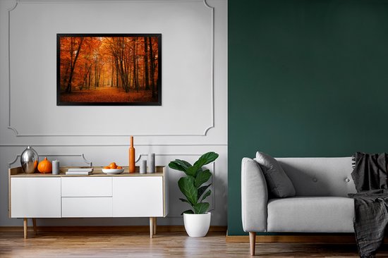 Image encadrée - Forêt d'automne de conte de fées avec cadre photo couleurs rouges noir sans passe-partout 90x60 cm - Affiche encadrée (Décoration murale salon / chambre)