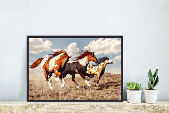 Affiche avec cadre Paarden - Animaux - Herbe - Fourrure - 60x40 cm
