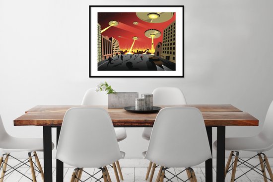Image encadrée - Une illustration d'OVNIS attaquant un cadre photo de ville noir avec passe-partout blanc 80x60 cm - Affiche encadrée (Décoration murale salon / chambre)