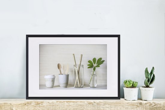 Réduisez les déchets à l'aide de cette tasse à café avec des couverts en bois bocal en verre avec des pailles en bois et le vase en verre assure un monde plus propre 60x40 cm