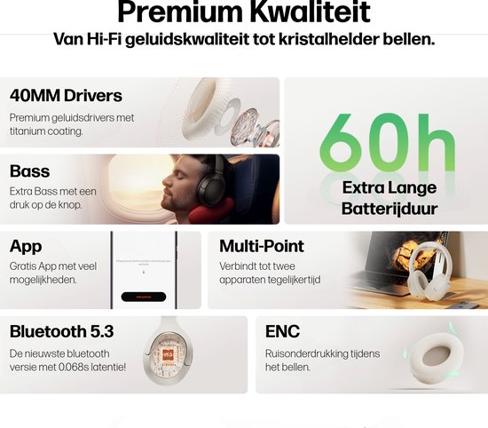 Collage van koptelefoonfuncties: 40MM drivers, Extra Bass, App, Multi-Point, Bluetooth 5.3, ENC, 60 uur batterijduur.