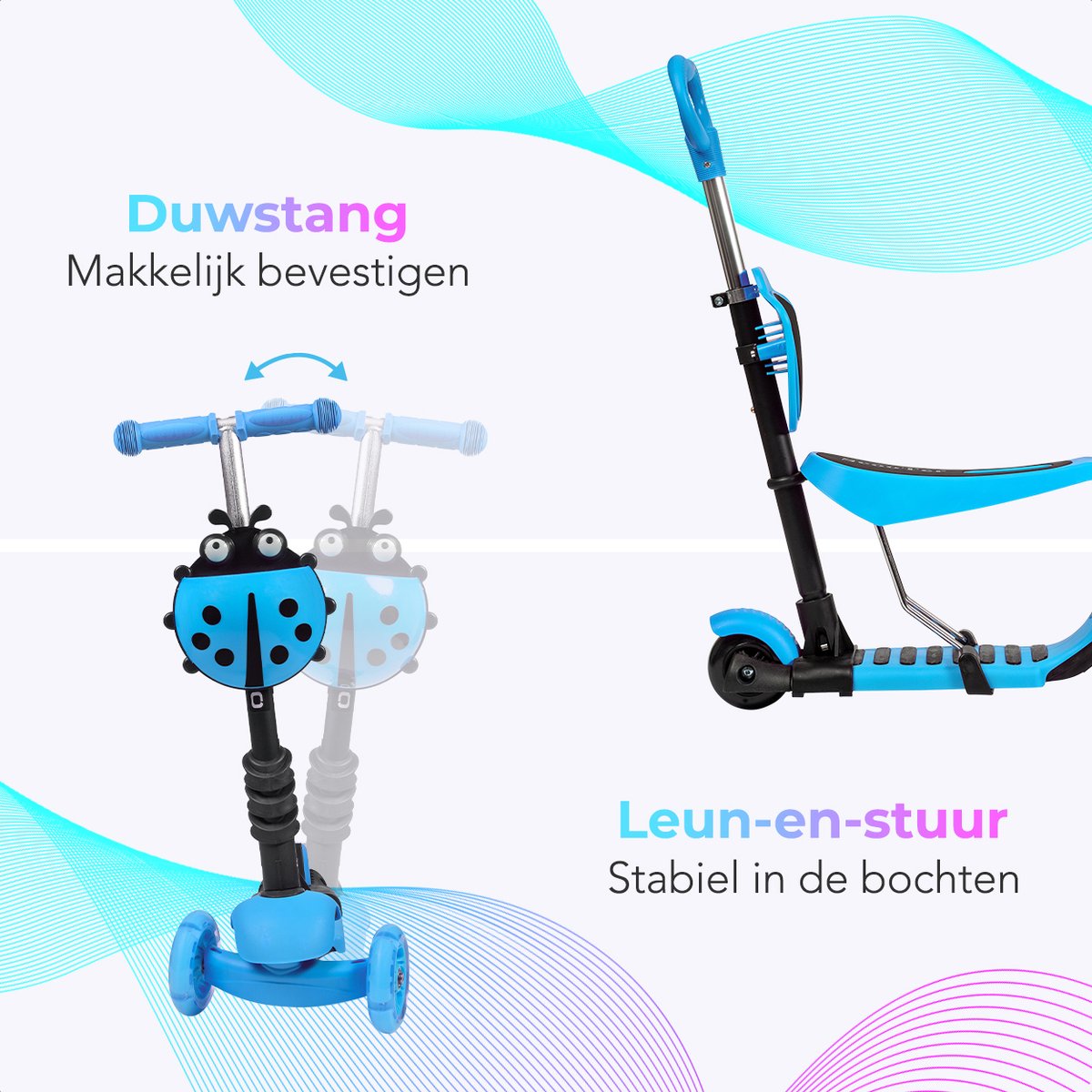 LifeGoods MultiRider - Kinderstep met Duwstang - 3 tot 8 Jaar - Hoogte Verstelbaar - Jongens/Meisjes - Lichtgevende LED Wielen - Blauw — afbeelding 2