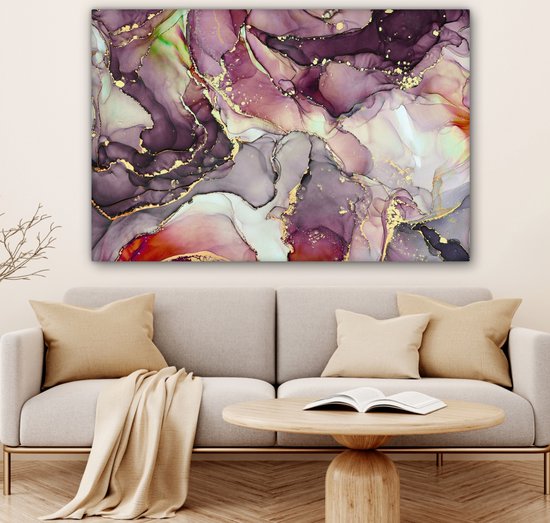 Tableau sur toile Marbre - Rouge - Violet - Or - 140x90 cm - Décoration murale