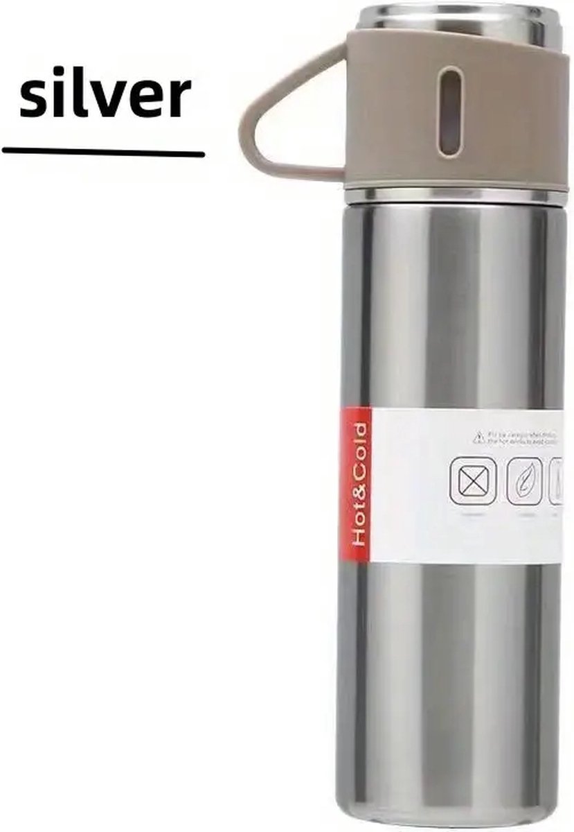 Thermo Roestvrijstalen thermosfles, 500 ml, vacuüm-geïsoleerde fles met beker voor koffie, warme en koude drank, set met 3 bekers(Zilver) – foto 2