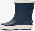 Vue latérale d'une botte de pluie bleu foncé avec bordure beige.