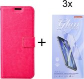 Bookcase Roze Geschikt voor Samsung Galaxy A25 - portemonnee hoesje met 3 stuk Glas Screen protector - ZT Accessoires