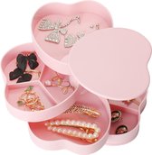 Sieradendoosje voor meisjes, met spiegel, 4 niveaus, sieradenopslag voor ringen, oorbellen, halskettingen, verjaardag, meisjes, vrouwen, cadeau, ronde vorm, 12 x 12 cm
