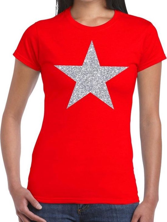 Zilveren ster glitter t-shirt rood dames - shirt glitter ster zilver XS |  bol.com