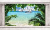 Fotobehang - Vlies Behang - 3D Uitzicht op het Schip in Zee door het Raam met Pilaren - 254 x 184 cm