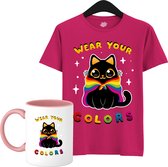 Schattige Pride Vlag Kat - Unisex T-Shirt Mannen en Vrouwen - LGBTQ+ Suporter Kleding - Gay Progress Pride Shirt - Rainbow Community - T-Shirt met mok - Unisex - Fuchsia - Maat L