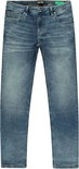 Voorkant van een slanke, blauwe spijkerbroek met licht vervaagd effect en 'CARS JEANS' logo op de linkerheup.