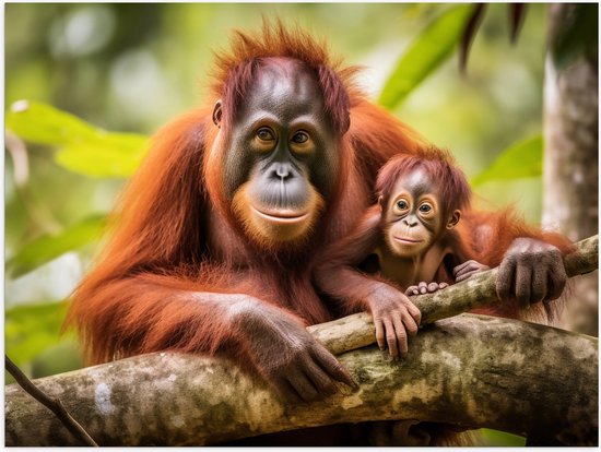 Poster Glanzend – Orang Oetan Aap met Baby zittend bij Takken - 80x60 cm Foto op Posterpapier met Glanzende Afwerking
