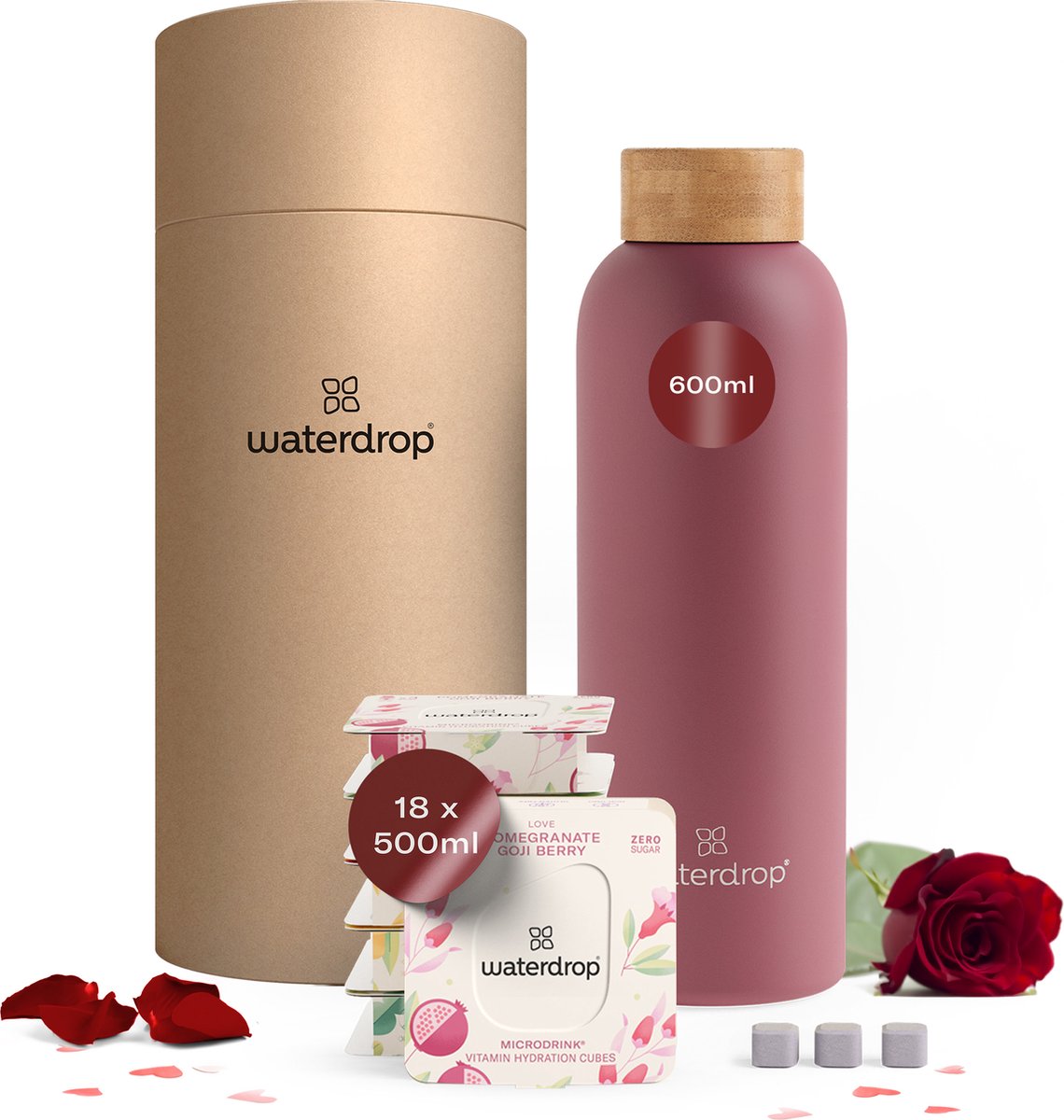 waterdrop® Starterset Metalen - Mat Roze - valentijn cadeautje voor hem en haar - 1 Thermosfles 600 ml + 18 Microdrink bruistabletten