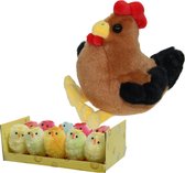 Pluche kip knuffel - 15 cm - multi kleuren - met 10x kuikens van 5 cm - kippen familie - Pasen decoratie/versiering