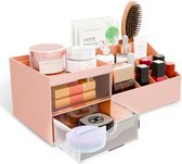 Make-up organizer, make-uptafel organizer box voor het opbergen van cosmetica, make-up, skincare, parfum, kwasten, lippenstift, sieraden en schrijfgerei met laden en rubberen noppen (roze)