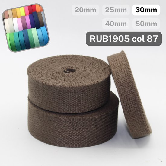 Drie rollen bruin katoenen tassenband, 30mm breed. Ook verkrijgbaar in andere maten en kleuren.