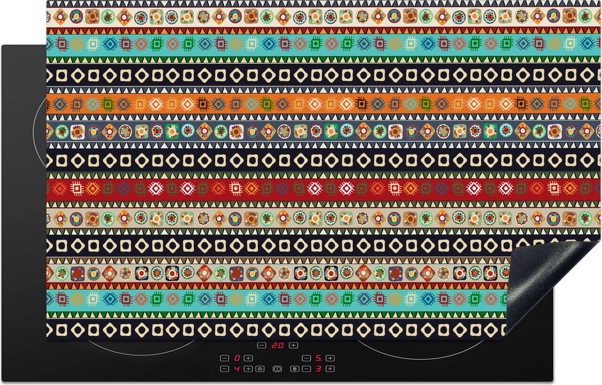 KitchenYeah® Inductie beschermer 83x51.5 cm - Patroon - Azteken - Symbolen - Regenboog - Kookplaataccessoires - Afdekplaat voor kookplaat - Inductiebeschermer - Inductiemat - Inductieplaat mat