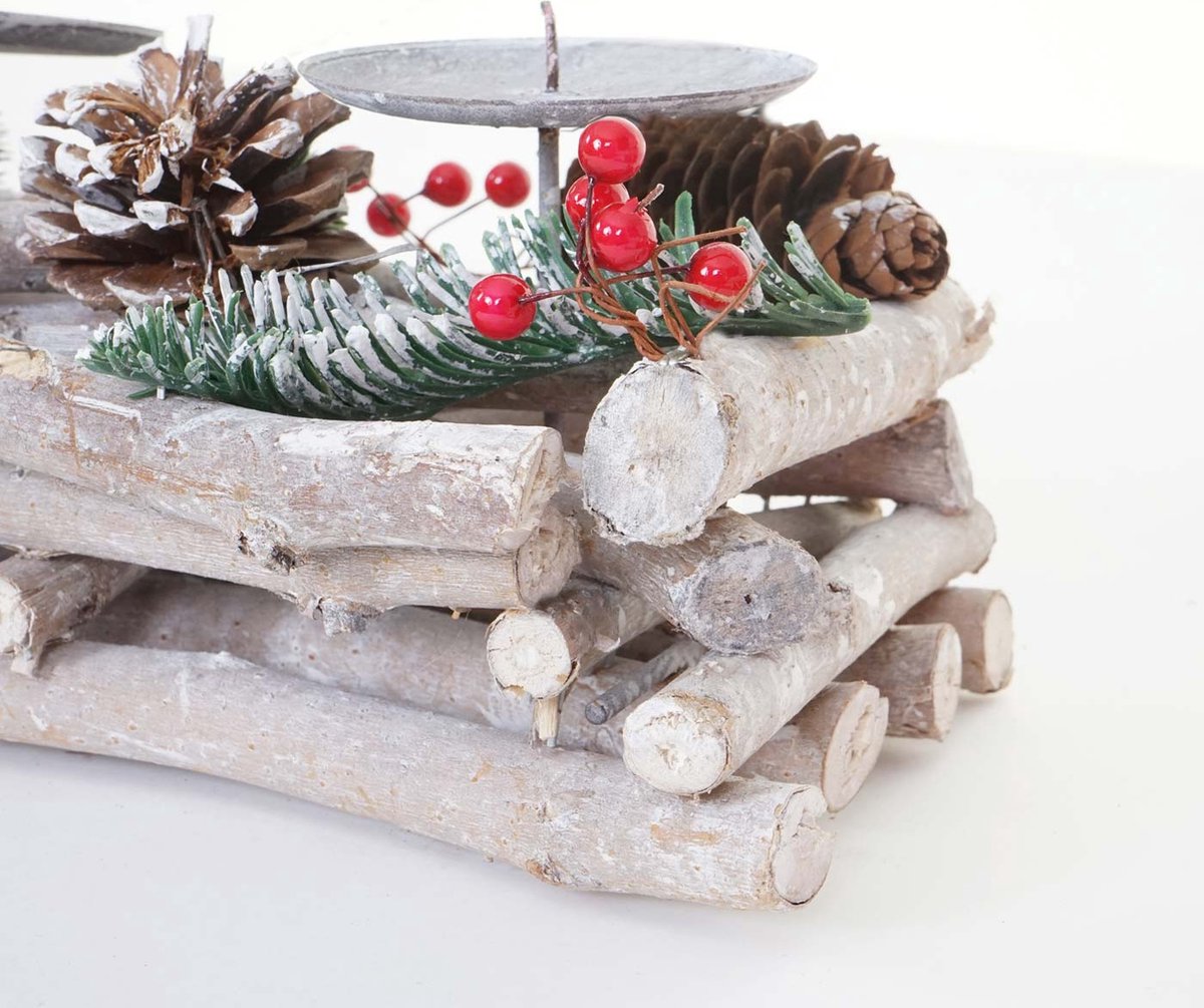 Adventskrans langwerpig, kerstdecoratie adventsarrangement, hout 11x15x50cm wit-grijs ~ met kaarsen, rood – foto 6