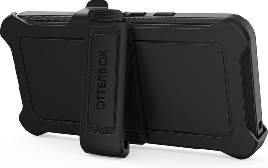 Zwarte OtterBox Defender case met holster, gedetailleerd.