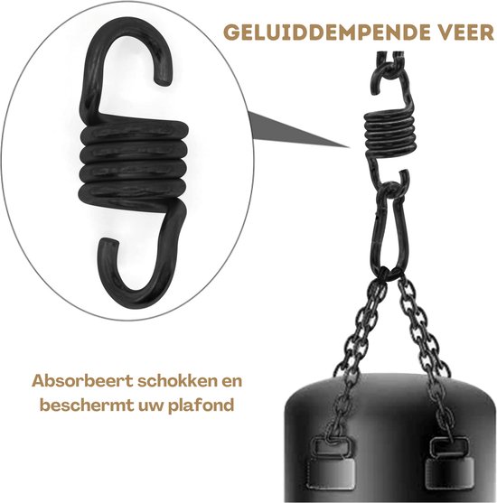 Gedetailleerde afbeelding van een zwarte, geluiddempende veer voor bokszakken, met tekst: Absorbeert schokken en beschermt uw plafond.