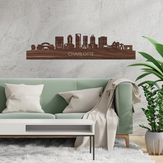 Skyline Charlotte Walnut - 100 cm - Décoration maison - Décoration murale - Plus de villes disponibles - Idée salon - City Art - City art - Cadeau pour lui - Cadeau pour elle - Anniversaire - Mariage - WoodWideCities