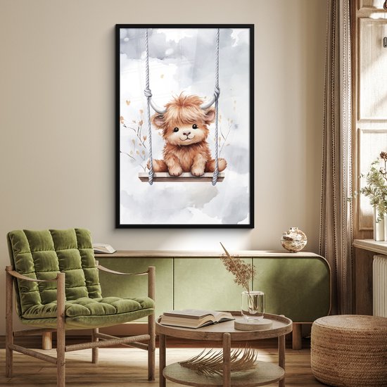 Poster in lijst - Fotolijst 80x120 cm - Posters - Schotse hooglander - Dier - Kinderen - Babykamer - Kinderkamer - Posterlijst zwart - Kamer decoratie - Wanddecoratie kinderkamer - Muurdecoratie babykamer