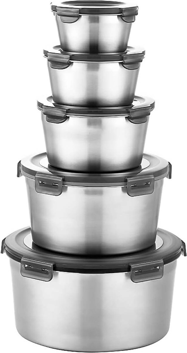 Roestvrijstalen voedselcontainer met luchtdichte deksels, 5 stuks – herbruikbare bento-lunchbox voor het bewaren van levensmiddelen, lekvrij, oven, vriezer, vaatwasmachinebestendig