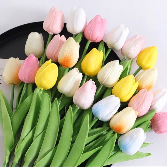 Tulipes Real Touch - Très douces - Couleurs mélangées - Tulipes -10 pièces - Fleurs artificielles - Tulipes artificielles - Bouquet artificiel - Tulipe - 33 CM - Fleurs en soie - Mariage - Printemps - Printemps - Pasen