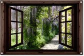 Tuinposter doorkijk - Donkerbruin raam - Tuindecoratie blauwe regen - 90x60 cm - Tuinschilderij voor buiten - Tuindoek - Wanddecoratie tuin - Schuttingdoek - Balkon decoratie groen - Muurdecoratie - Buitenschilderij