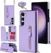 Casemania Hoesje Geschikt voor Samsung Galaxy S24 Plus Paars - Luxe Back Cover met Koord - Wallet Case - Pasjeshouder