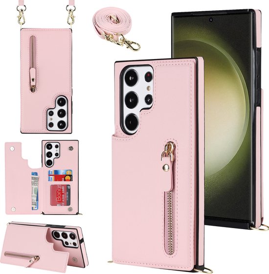 Casemania Hoesje Geschikt voor Samsung Galaxy S24 Ultra Roze - Luxe Back Cover met Koord - Wallet Case - Pasjeshouder