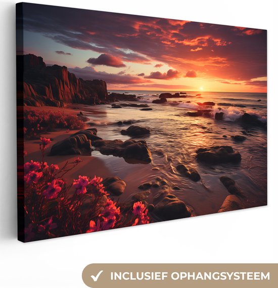 Canvas Schilderij 120x80 cm - Strand - Zonsondergang - Bloemen - Rotsen - Zee - Wanddecoratie woonkamer - Muurdecoratie keuken - Kamer accessoires - Woondecoratie huis