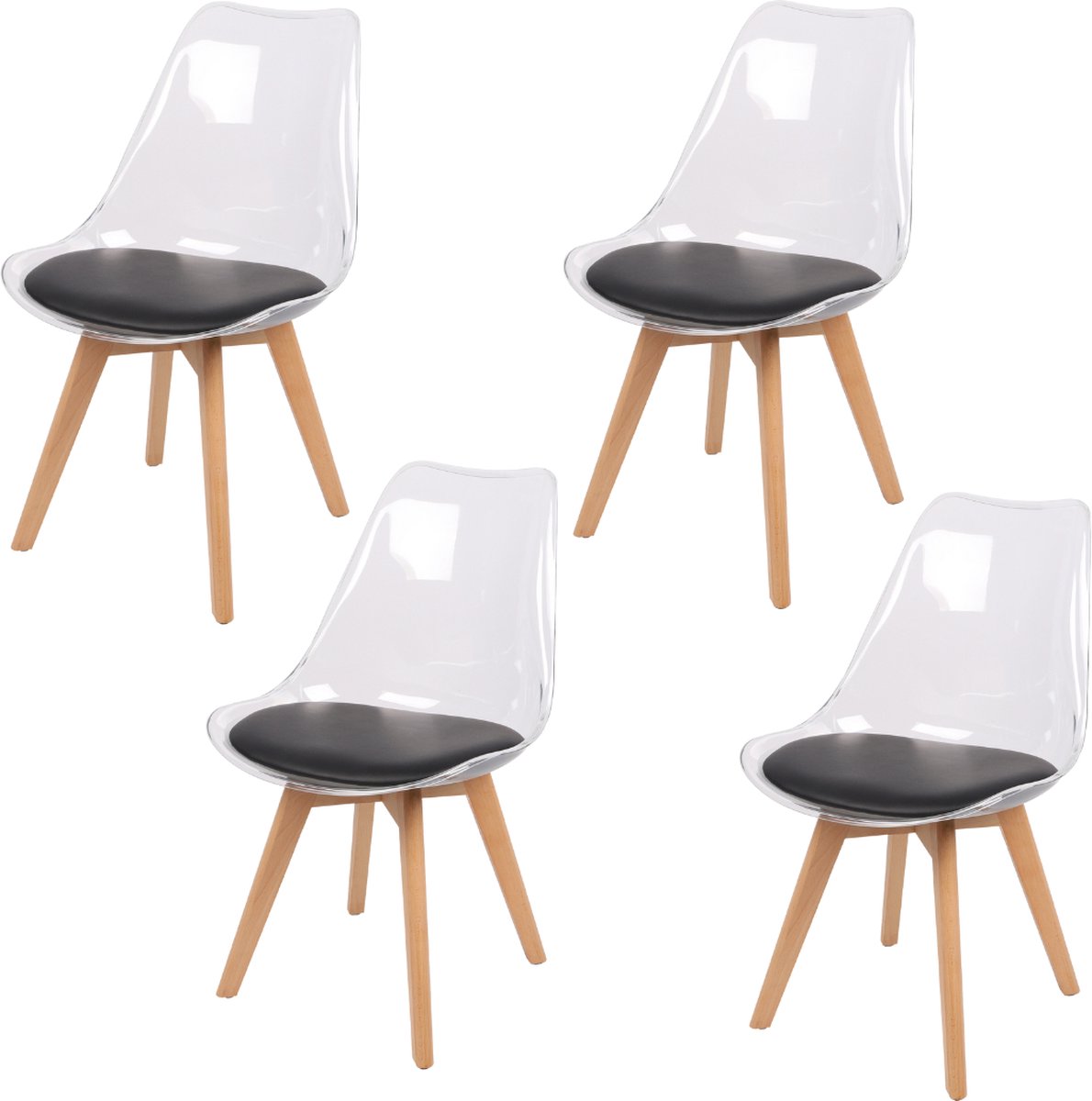 SET VAN 4 "JOY" TRANSPARANTE STOELEN MET ZWARTE KUSSENS EN HOUTEN POTEN 57X50XH82CM