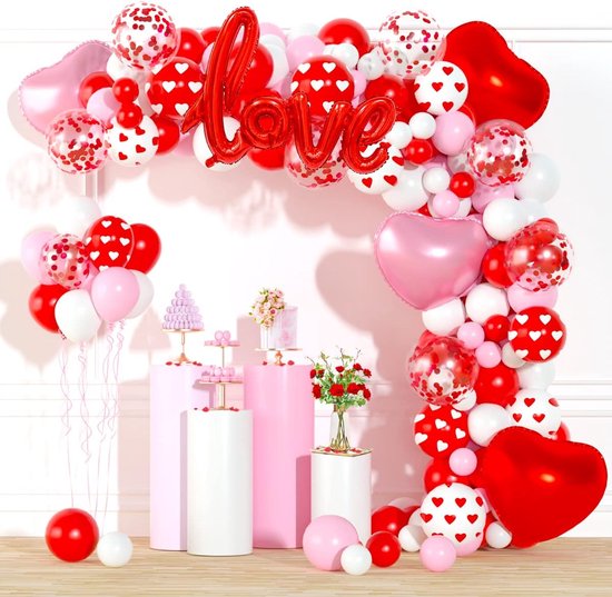 Foto: 125 stuks ballonnen decoratie set valentijn versiering ballonnenboog confetti hart love rood roze wit cadeautje valentijn moederdag huwelijk verloving verjaardag