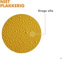 Cirkelvormige afbeelding met "NIET PLAKKERIG" en "Droge olie" erop.