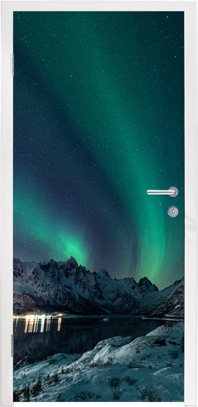 Sticker pour porte Aurores Boréales - Berg - Neige - Vert - Ciel étoilé - Hiver - 90x205 cm - Door Poster