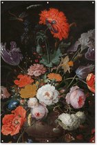 Muurdecoratie Stilleven met bloemen en een horloge - Schilderij van Abraham Mignon - 120x180 cm - Tuinposter - Tuindoek - Buitenposter