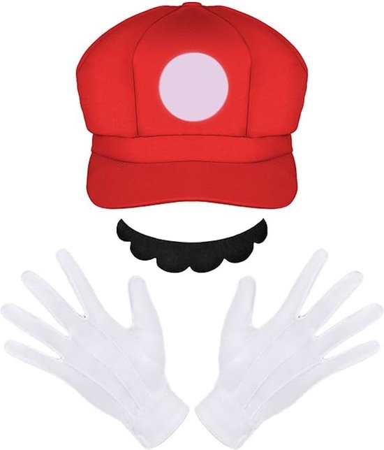 Kostuum set accessoires rode Mario - 1x rode hoed/pet 63cm hoofdomtrek 1x plakbaard 1x paar witte nylon handschoenen 23cm voor carnaval, verkleed partijtjes,