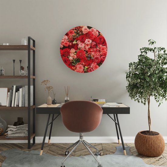 Artaza Forex Muurcirkel Rode En Roze Bloemen Met Fruit - Abstract - 50x50 cm - Klein - Wandcirkel - Rond Schilderij - Muurdecoratie Cirkel