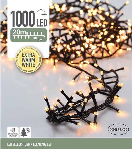 Kerstverlichting - Micro Cluster - 1000 LED - 20 meter - 8 Lichtfuncties + Geheugen - extra warm wit