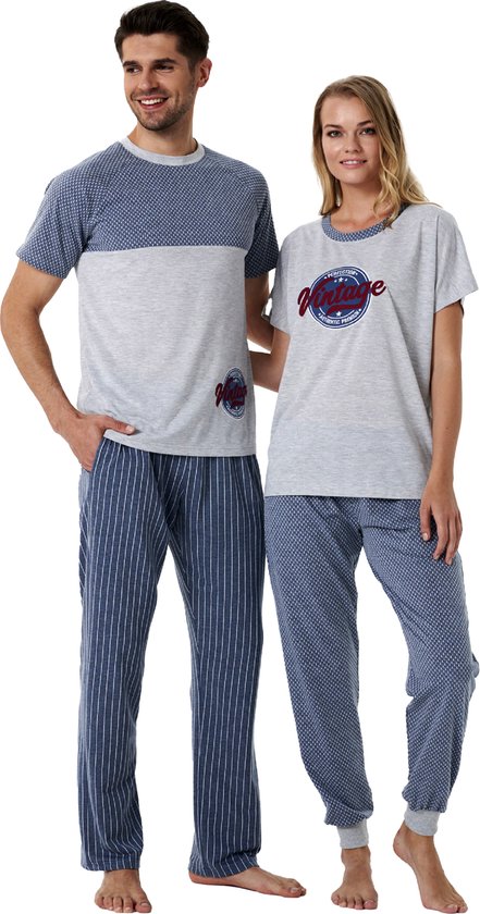 Feyza - Bijpassende Pyjamas Voor Koppels, Korte Mouwen, Heren, Blauw - M