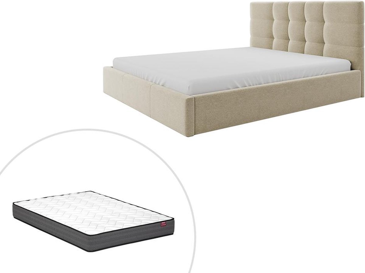 PASCAL MORABITO Bed met opbergruimte 140 x 190 cm - Stof - Beige + matras - ELIAVA L 150 cm x H 106 cm x D 203 cm