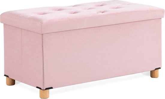 Boîte de siège, tabouret, repose-pieds avec espace de rangement et couvercle avec pieds en bois, 76 x 38 x 38 cm, rose
