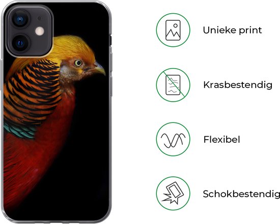 Telefoonhoesje Geschikt voor iPhone 12 hoesje - Vogel - Veren - Zwart - Portret - Siliconen Telefoonhoesje