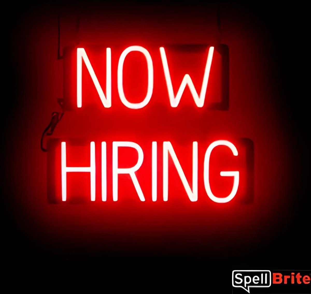 NOW HIRING - Lichtreclame Neon LED bord verlicht | SpellBrite | 49 x 38 cm | 6 Dimstanden - 8 Lichtanimaties | Reclamebord neon verlichting