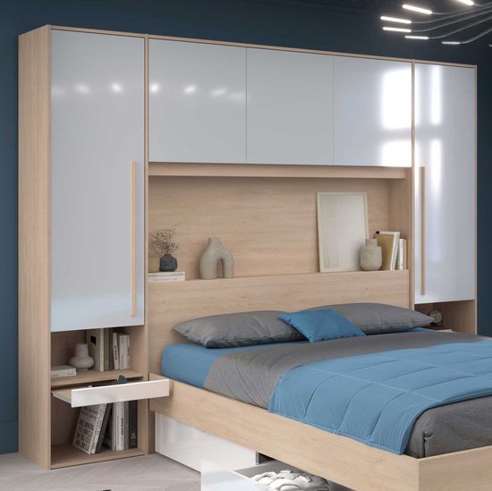 SOHO S1 Vitrinekast met blauwe LED-verlichting, vitrinekast, staande vitrine, glazen vitrine, kast, woonkamerkast (wit/zwart hoogglans